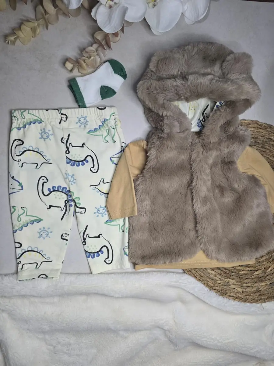 Chaleco peluche, camisa, pantalon de dinosaurio par de calcetas · talla 0-3 Meses