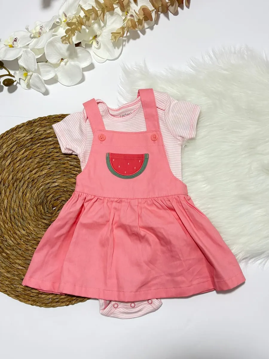 Vestido rosa con sandiay body de rayas · talla 9 Meses