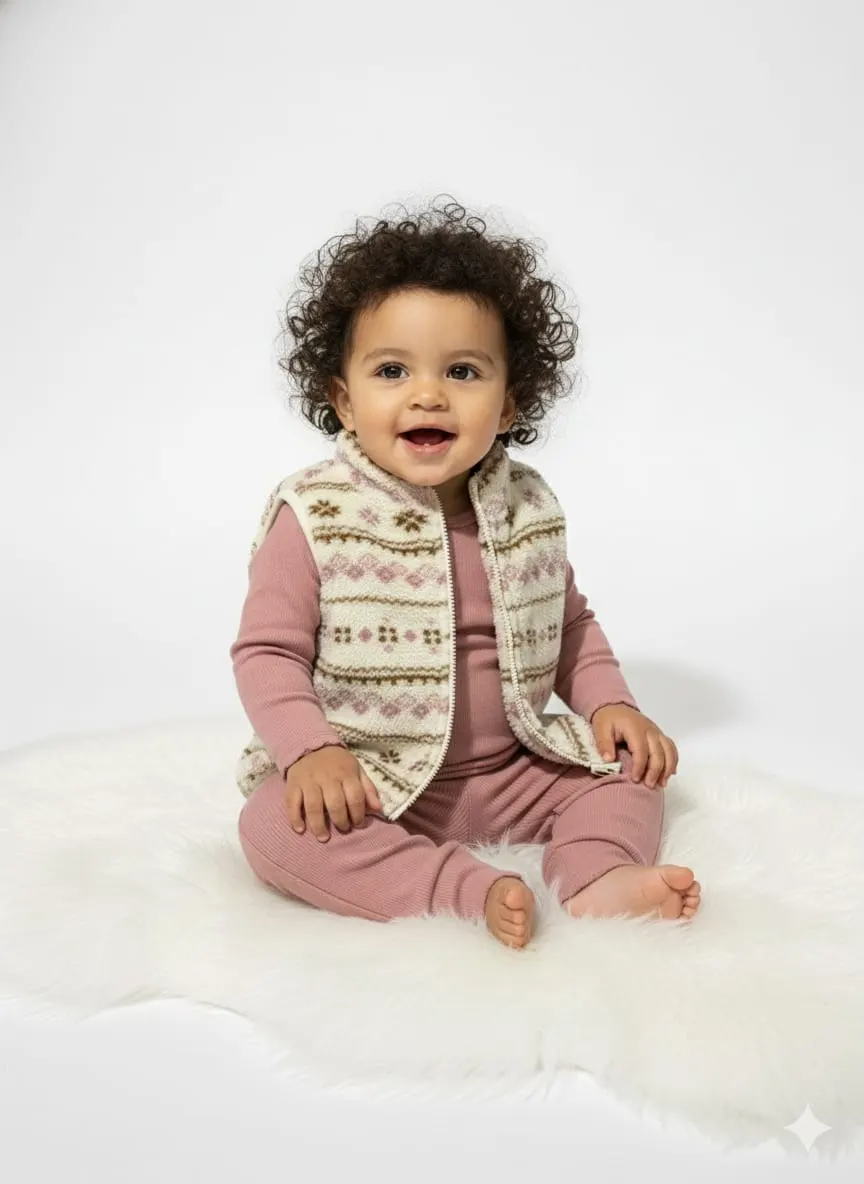 Chaleco navideño con figuras, body rosado y pantalon rosado · talla 6 Meses