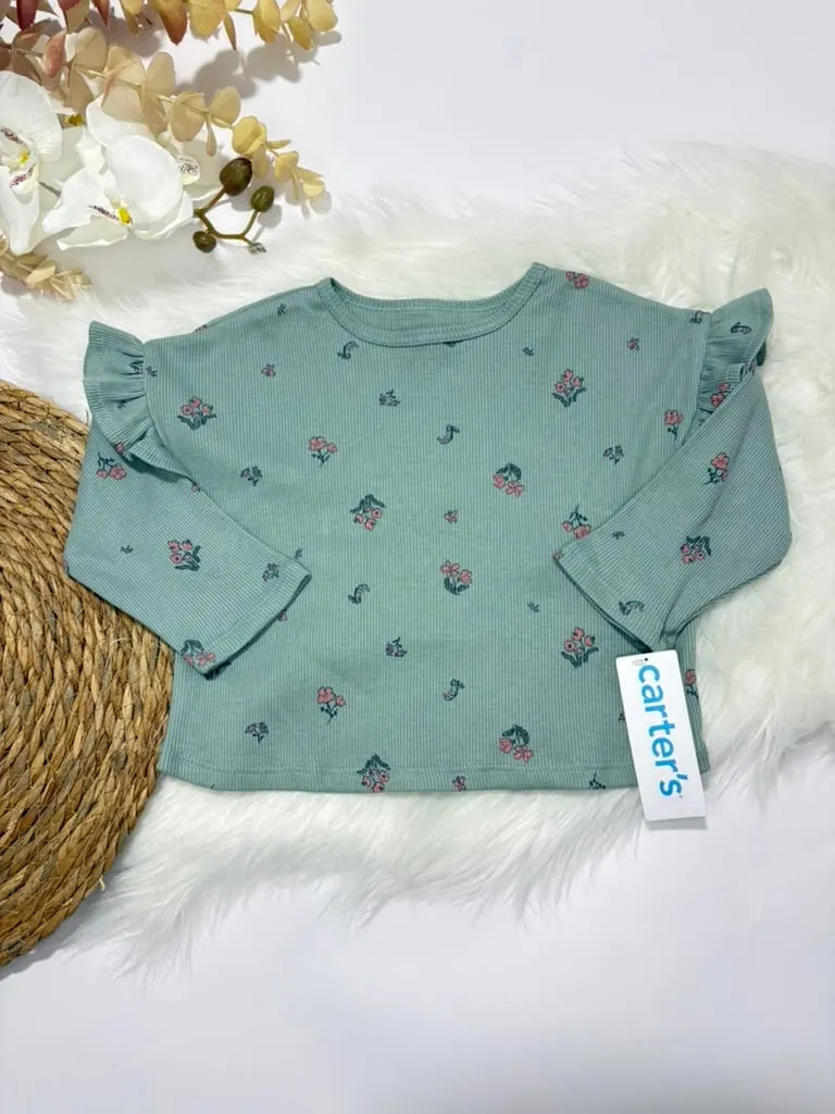 Blusa verde manga larga con vuelitos en las mangas con licra verde con flores · talla 12 Meses