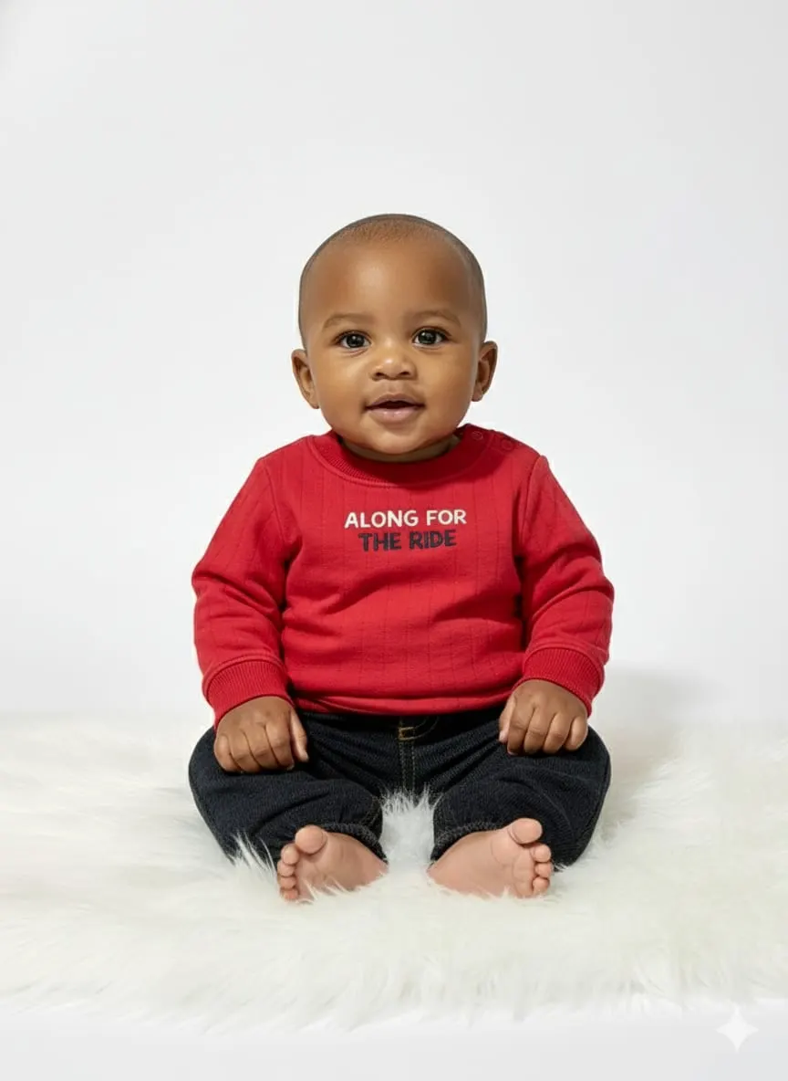 Sudadero rojo con body de motonetas, y pantalon tipo lona · talla 0 Meses