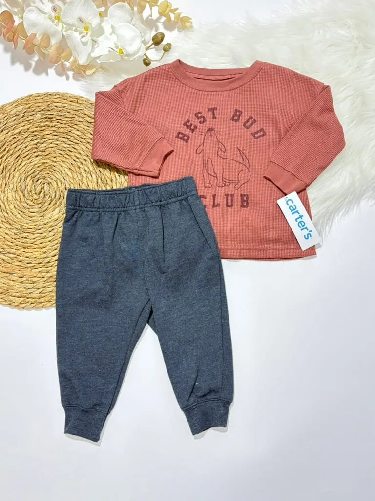 Playera manga larga ladrillo con foca y pants gris azulado · talla 12 Meses