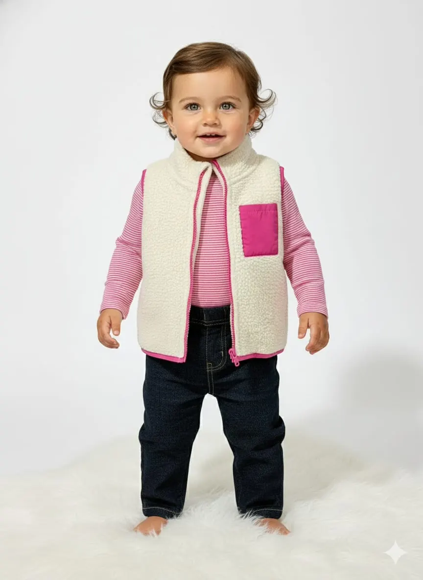 Chaleco besh con rosado body de rayas rosads y pantalon tipo lona · talla 2 Años