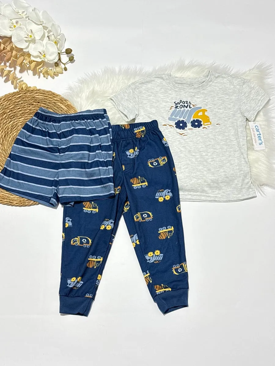 Camisa gris con imagen de un camion y pants azul con camioncitos y pantaloneta de rayas · talla 4 Años