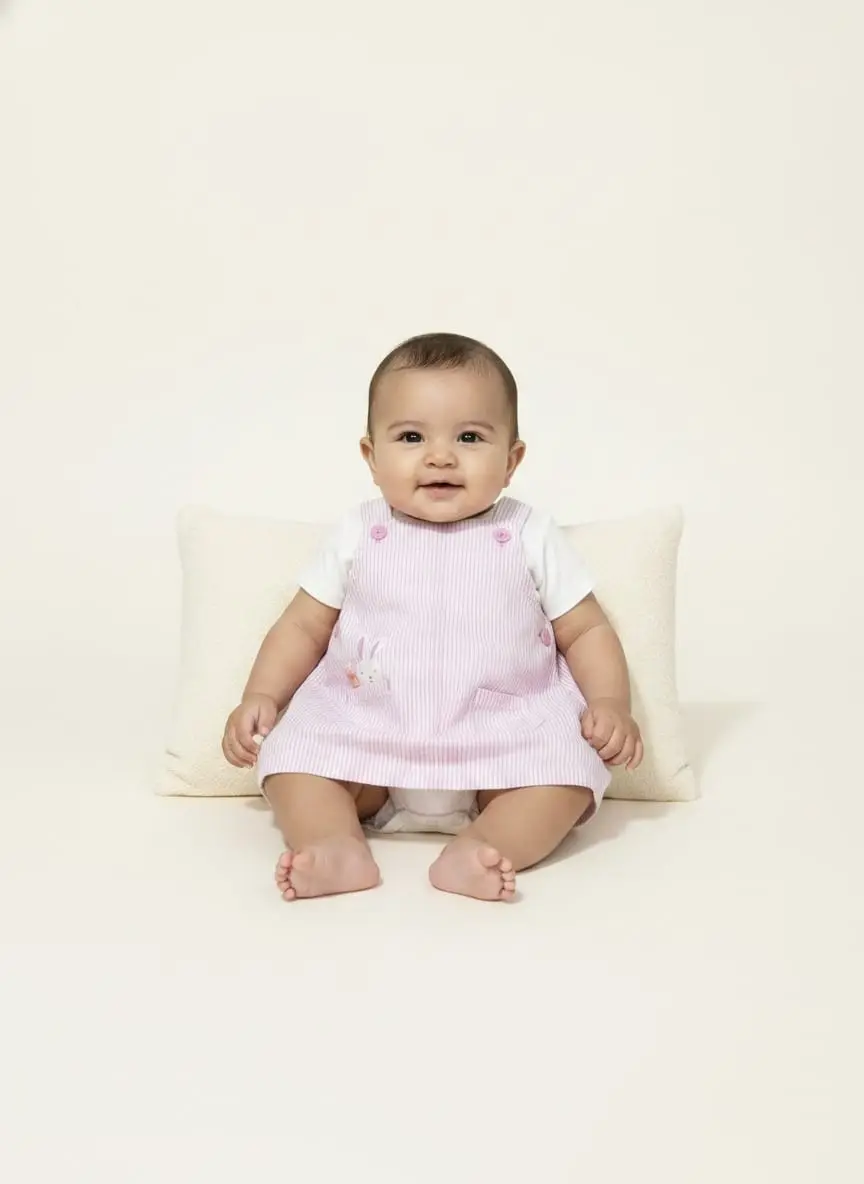 Body color blanco y vestido rosado con rayas blancas con un conejito · talla 3 Meses
