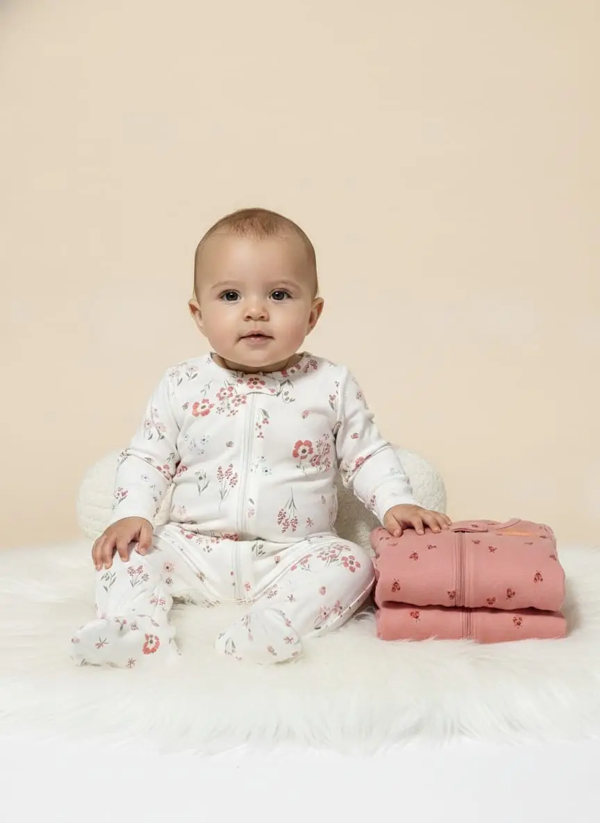 Conjunto de dos bodies color blanco con flores y otro rosado con mariquitas · talla 6 Meses