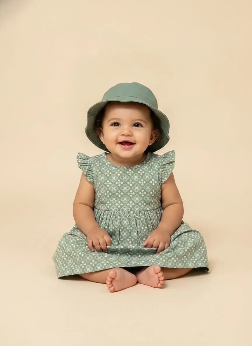 Vestidito color verde con gorrito con clazon y sobrerito · talla 6 Meses