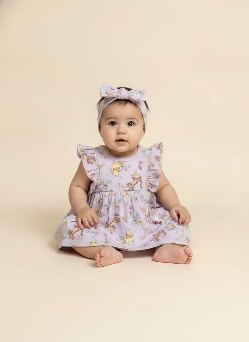 Vestido de winnie pooh color morado con bandita para la cabeza · talla 6-9 Meses