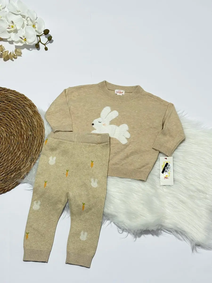 Sudadero de conejo con pants color beige · talla 6-9 Meses