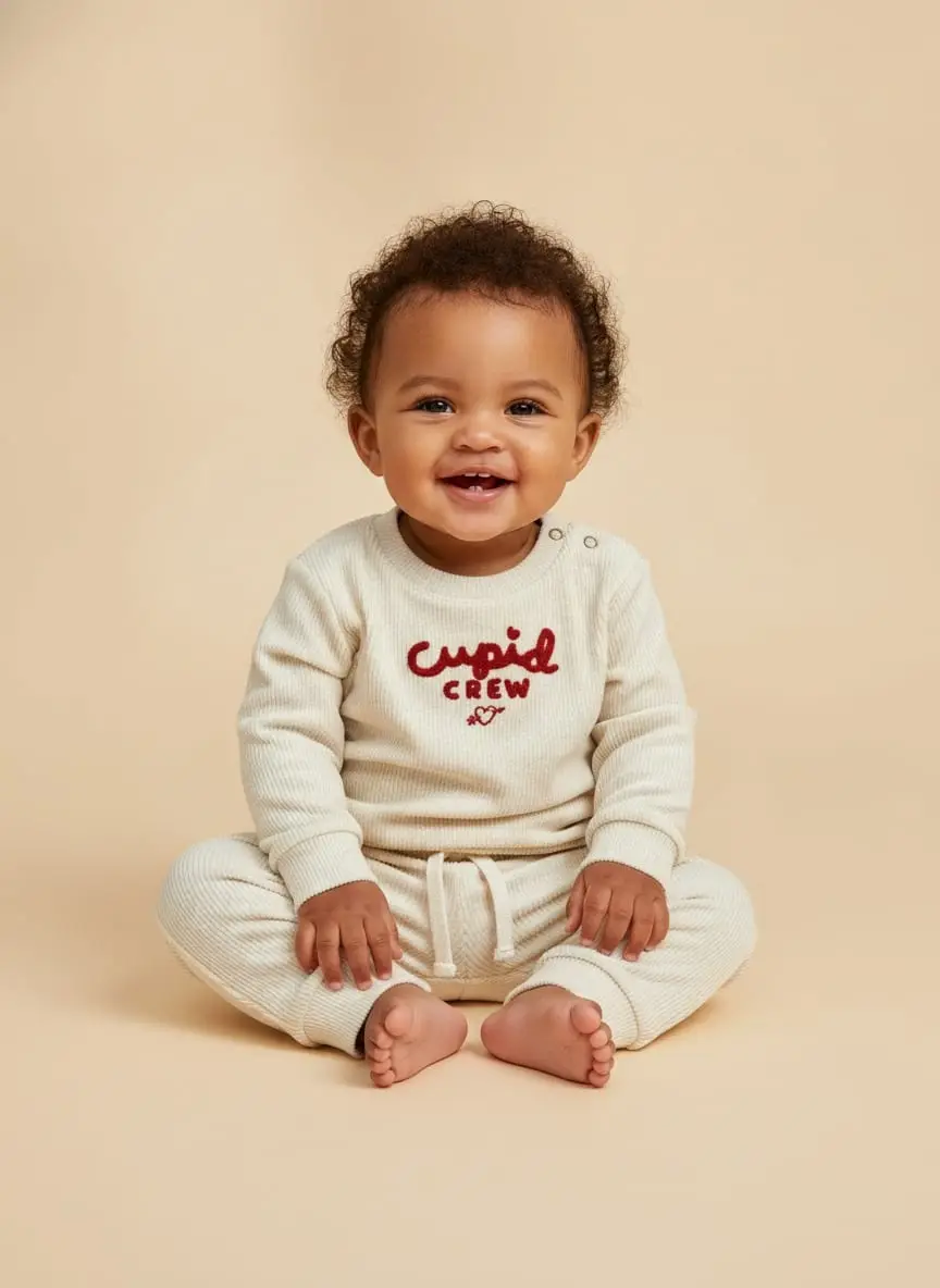 Sudadero con letras cupid beige con pants beige · talla 9 Meses