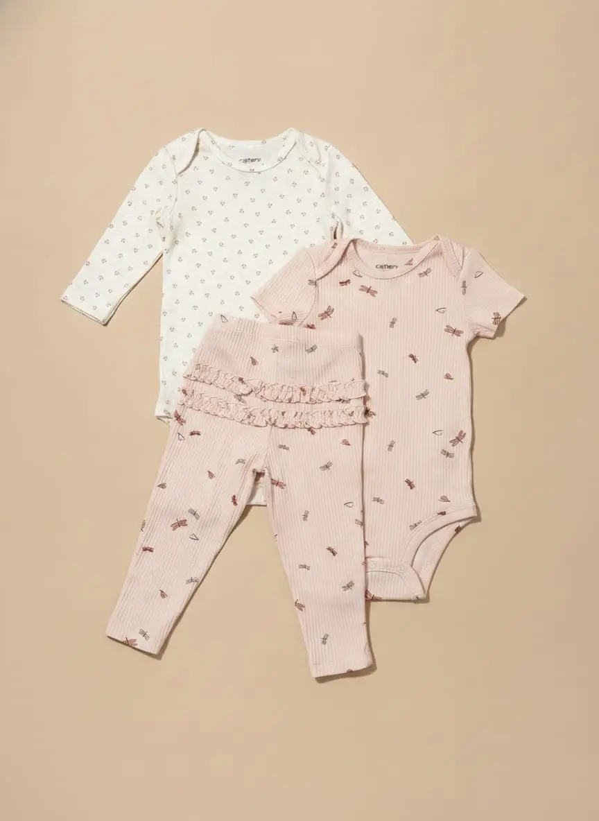 Conjunto de body color blanco con florecitas manga larga, body rosa manga corta y pantalon rosado de maripositas · talla 12 Meses