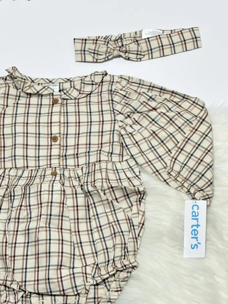 Body de cuadros manga larga, con pantie y diadema · talla 18 Meses