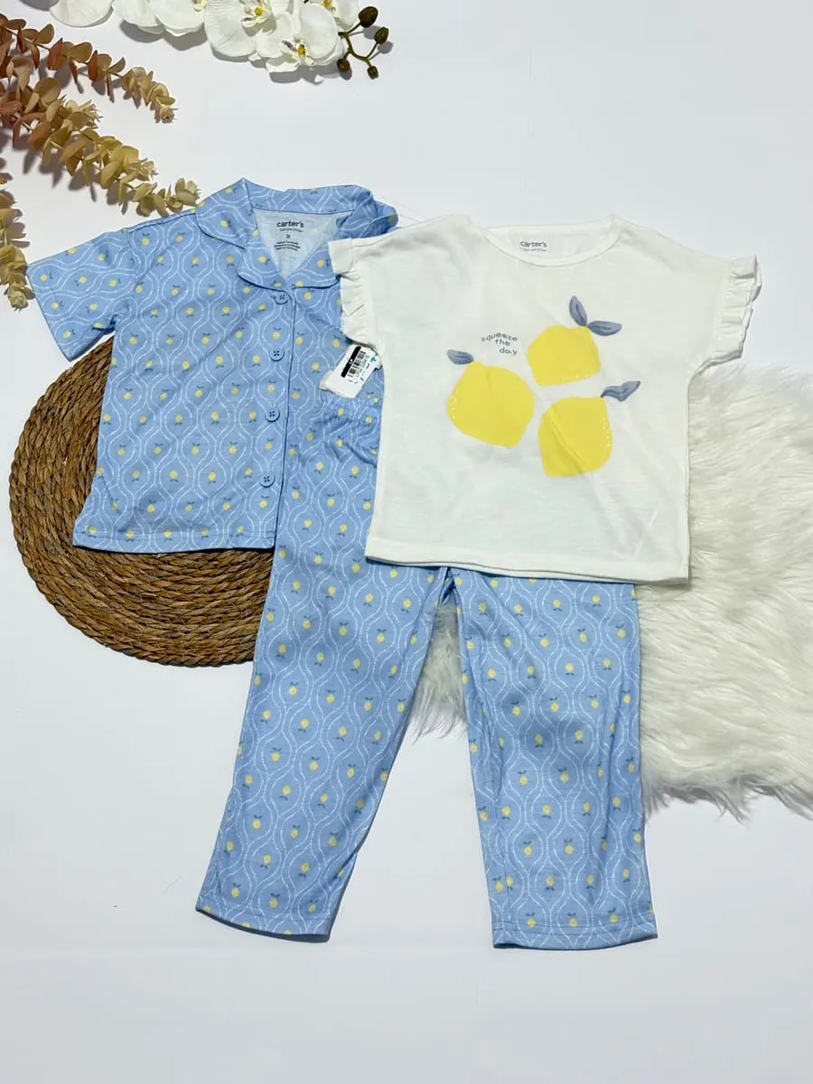 Pijama celeste de limones con blusa blanca de limones y blusa celeste de limones · talla 3 Años