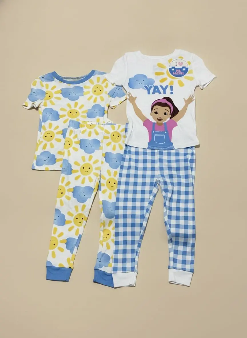 Conjunto de pijamas de Ms Rachel blusa blanca con patalon de cuadros y blusa celeste de sol y nubes · talla 3 Años