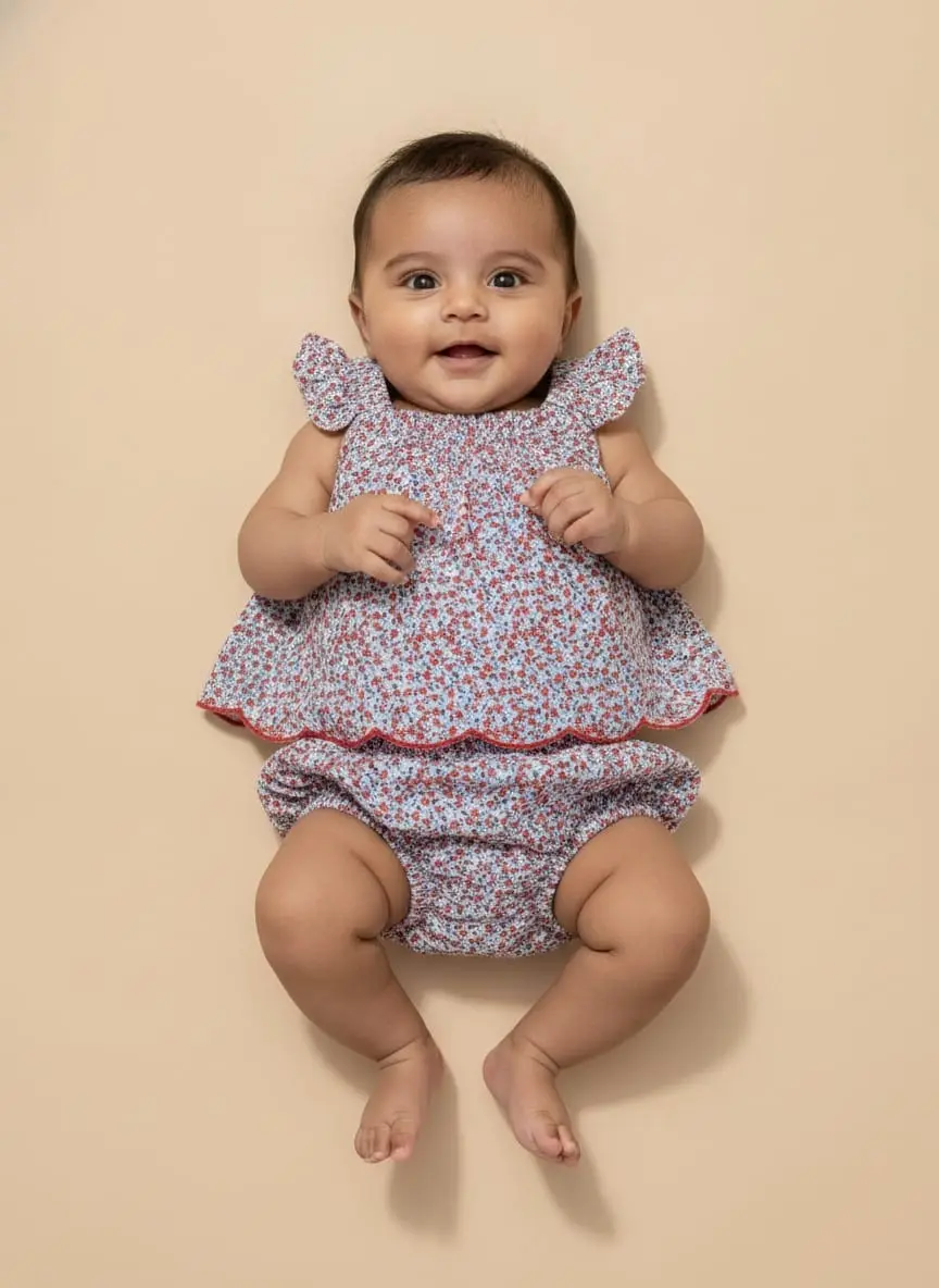 Vestido de flores rojas y azules con calzoncito igual. · talla 0-3 Meses