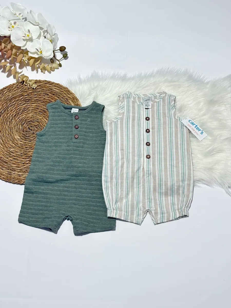Enterisos uno color verde muzgo y otro con rayas blancas zules y cafes · talla 6 Meses