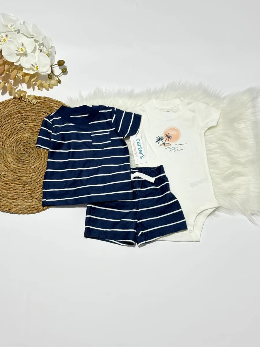 Camisa azul con rayas blancas y pantaloneta y body blanco con isla · talla 6 Meses