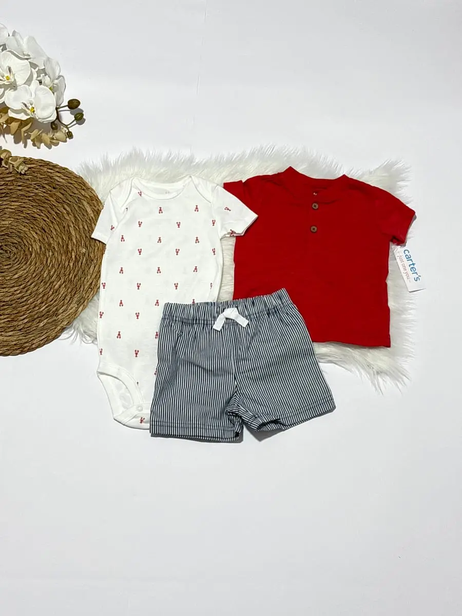 Camisa roja y body de langostas y pantaloneta de rayas · talla 12 Meses