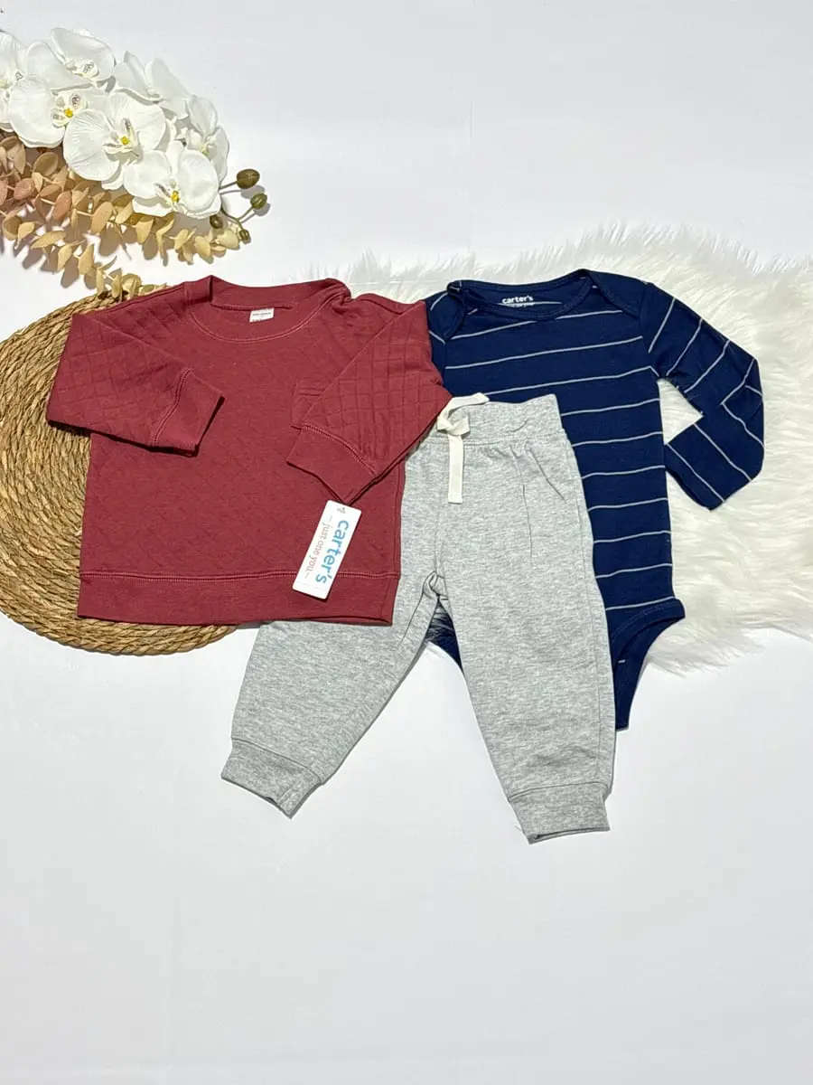 Body azul con rayas blancas y sudadero color ladrillo y pantas gris · talla 12 Meses