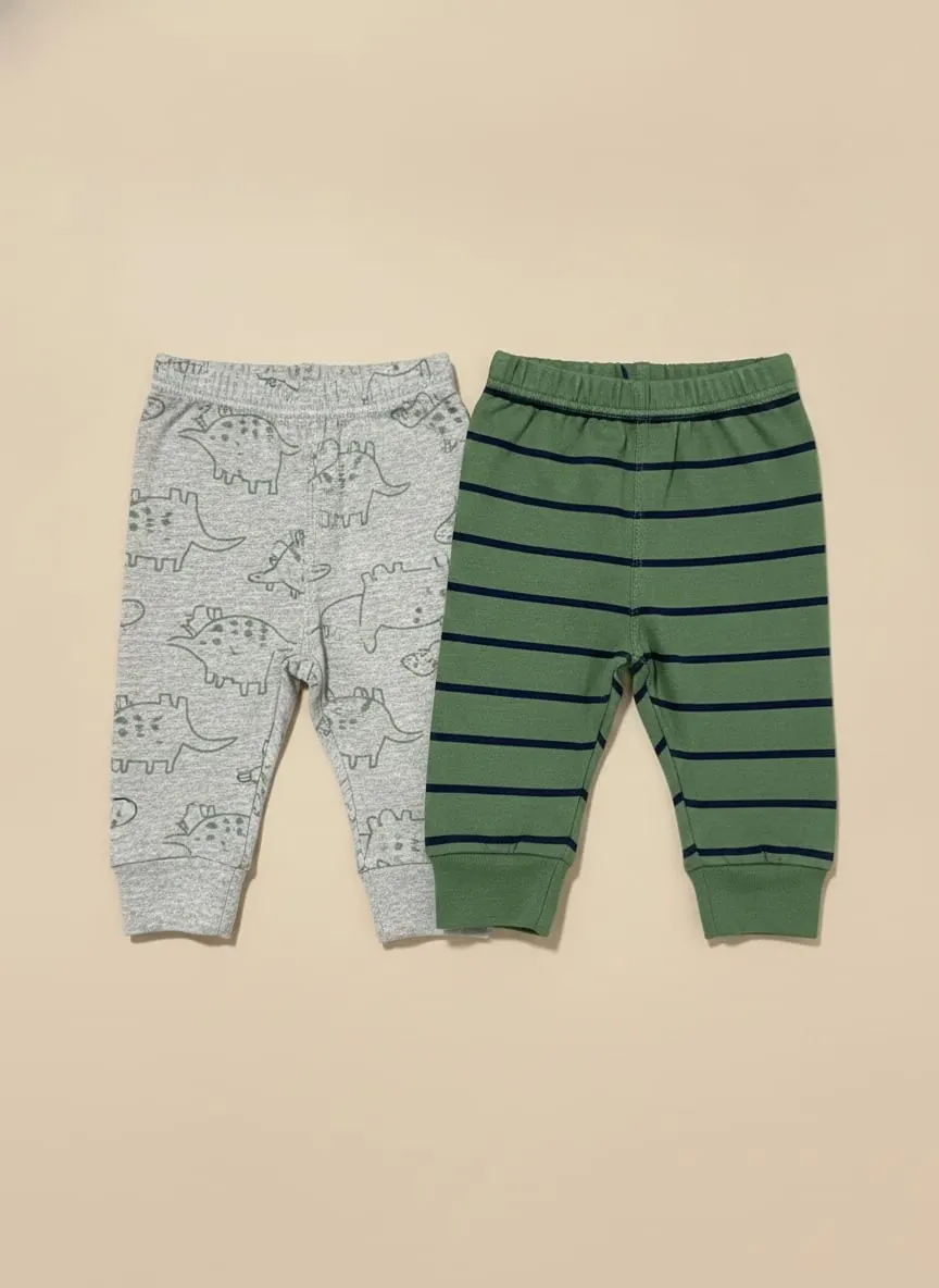Conjunto de pantalones gris con dinosarios y verdes con rayas azules · talla 12 Meses
