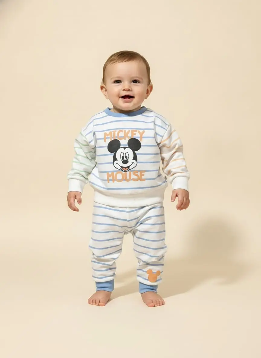 Sudadero de mickey de rayas color celest y naranja con pants blanco con rayas · talla 18 Meses
